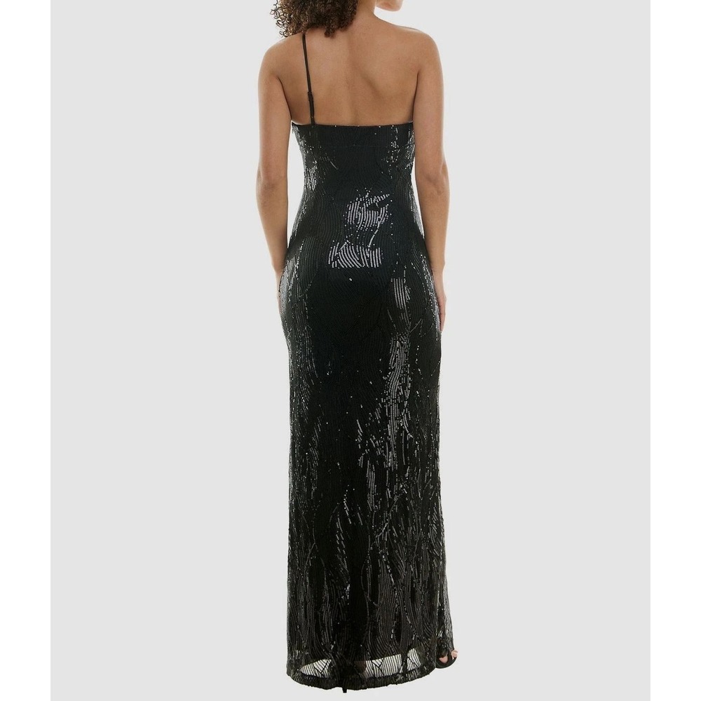 Violet Weekend Gown Juniors 1/2 Black One Shoulder Sequin 3D Floral Slit 65741J - Picture 2 of 13